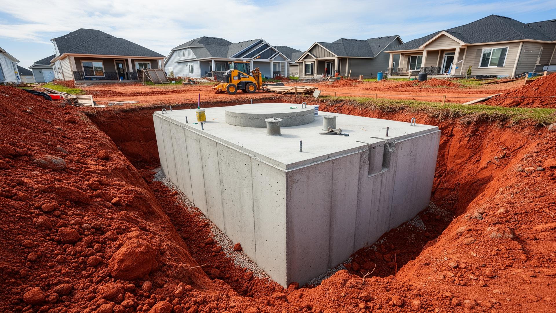 Concrete septic tank installation in the ground